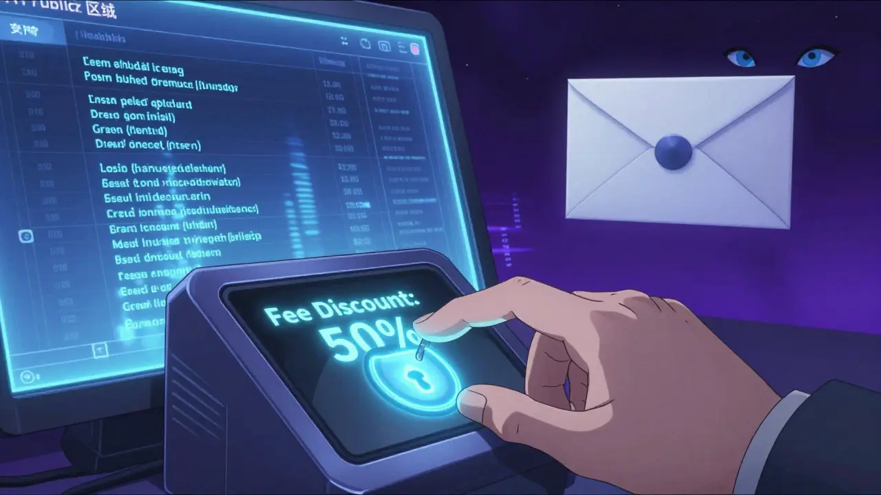 A hand placing a LOCK token into a terminal, contrasting public blockchain data with a sealed envelope symbolizing private swaps.