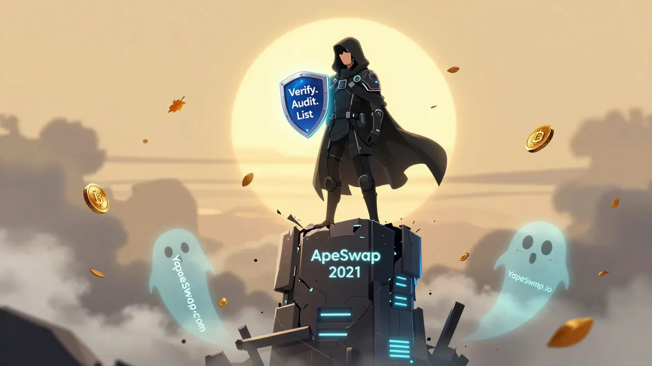 A hero on a crumbling ApeSwap tower holding a verification shield, scam domains dissolving into smoke under sunrise.