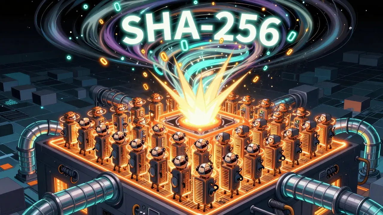 A massive ASIC rig with tiny miners spinning dials inside, surrounded by swirling SHA-256 hashes.