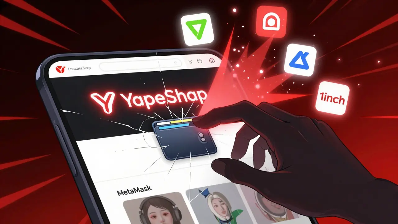 A phishing phone screen with fake YapeSwap logo, shadowy hand connecting a wallet, real DEXs glowing safely in background.