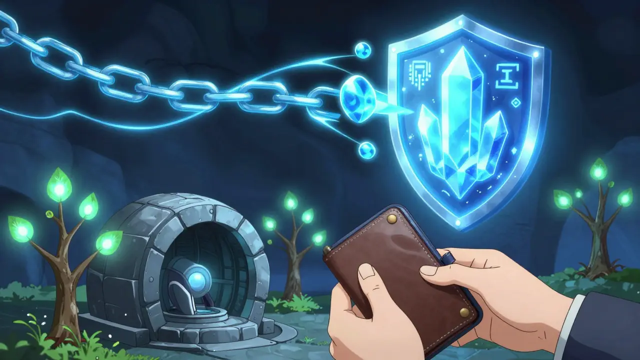 A quantum computer attacks a blockchain, blocked by post-quantum shields, as a hardware wallet is stored safely.