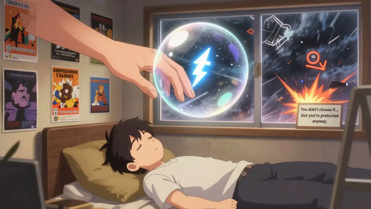 A retail staker peacefully asleep while corporate insurance shields them from blockchain chaos.