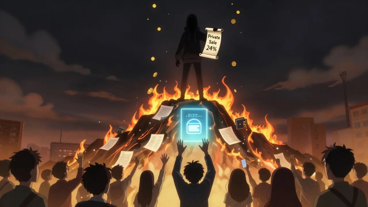 A shadowy figure holding a private sale scroll as golden coins rain down over burning whitepapers.