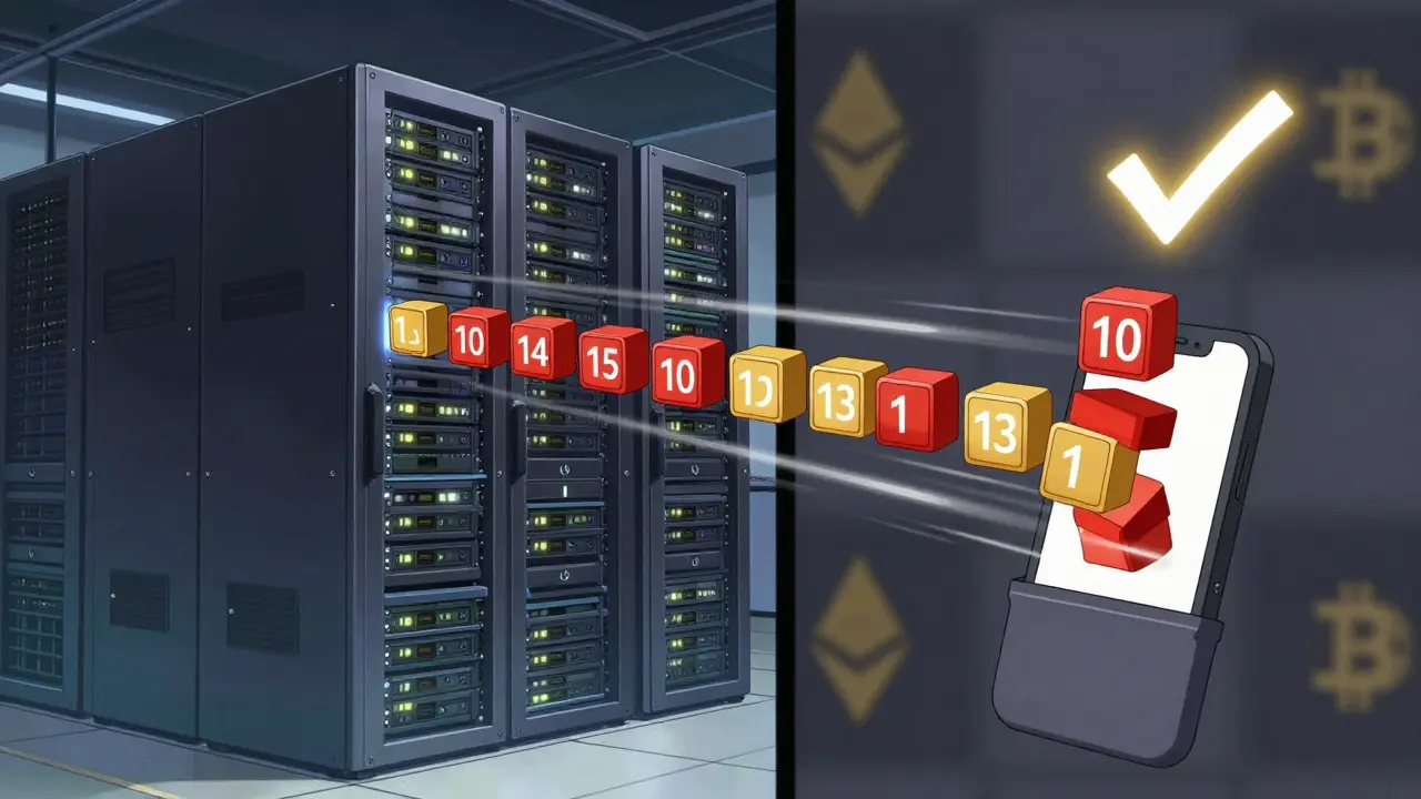 A smartphone with a tiny Merkle proof path glowing beside a massive blockchain server, symbolizing efficient verification.