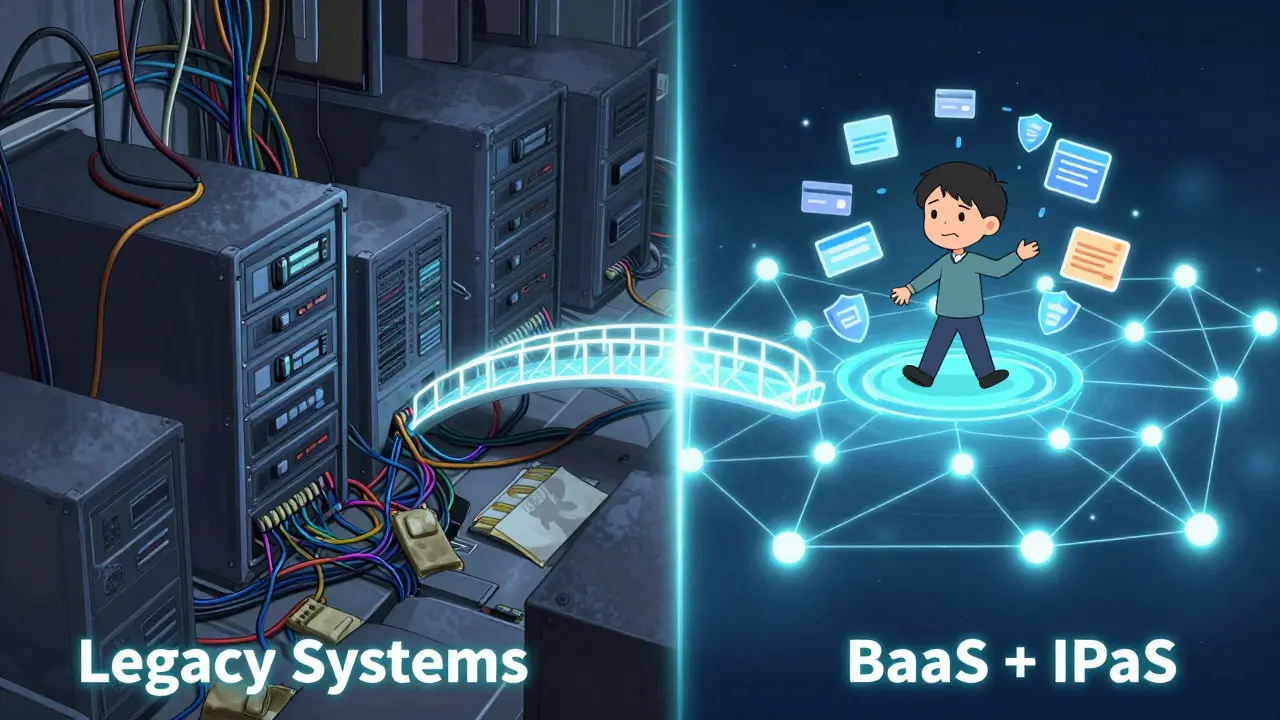 A split scene showing chaotic legacy systems on one side and a clean BaaS network on the other, connected by a glowing bridge.