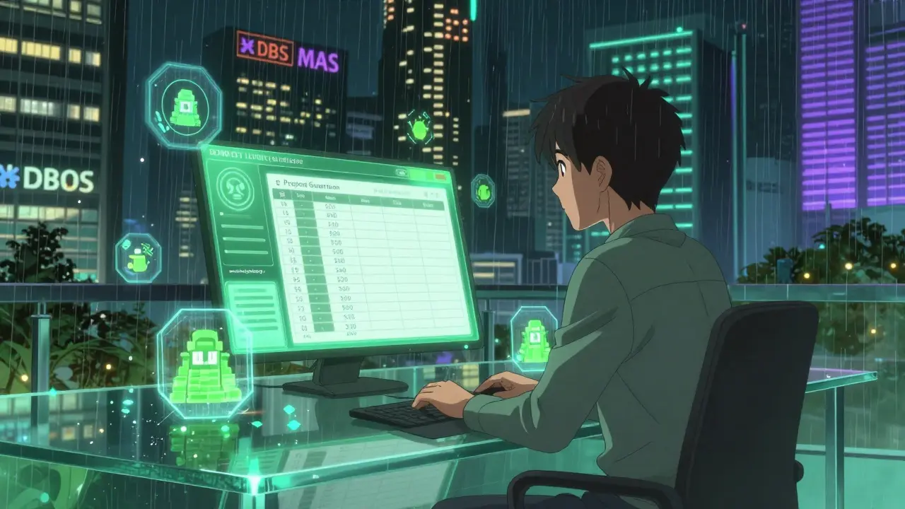A trader in Singapore surrounded by floating stablecoin interfaces and Project Guardian icons at night.