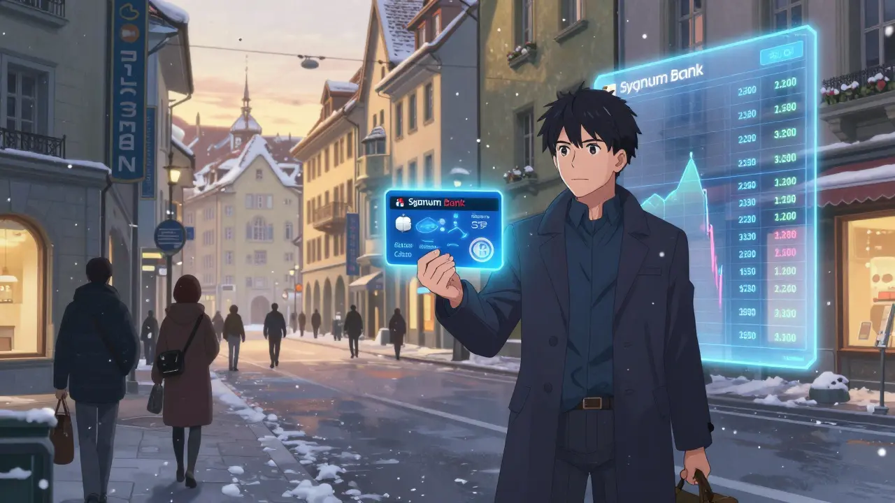 A trader in Zurich walking past digital token holograms with a Sygnum Bank card glowing softly.