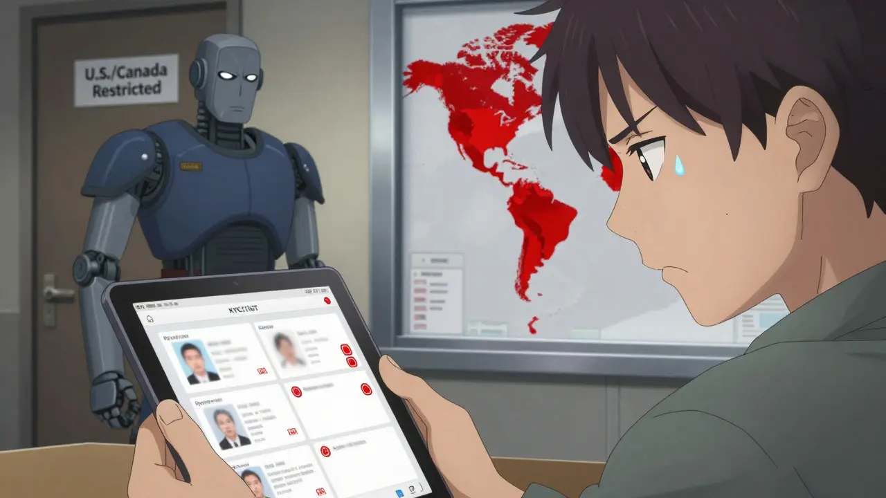 A user blocked from HTX by a robot guard, with red restriction zones on a world map.
