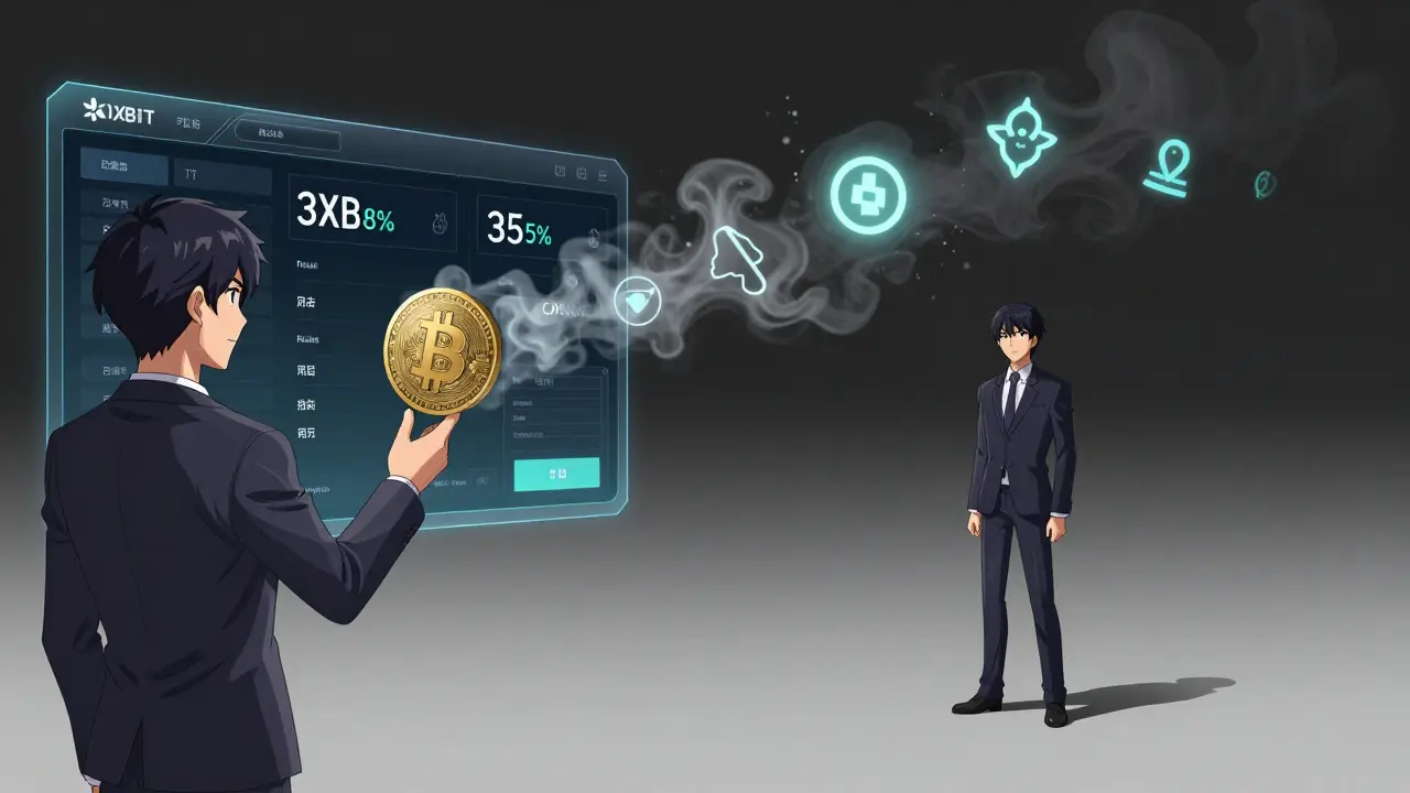 A user watches their crypto vanish into smoke while trusted exchanges fade away.