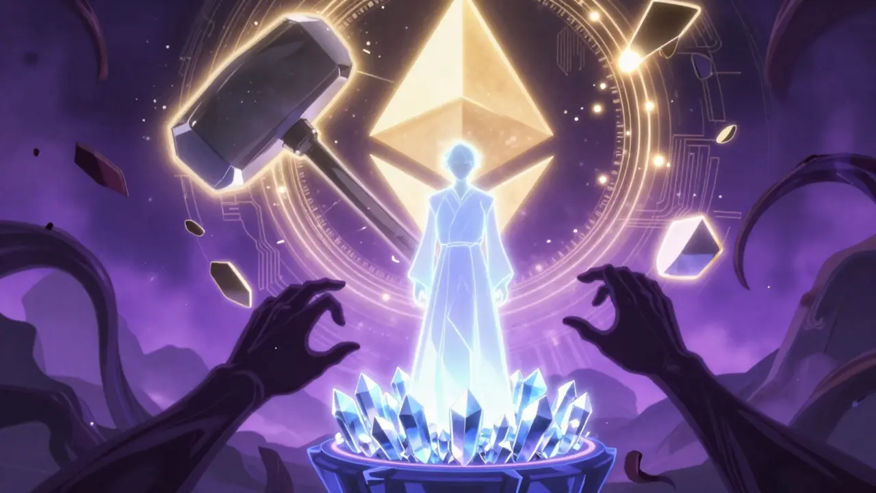 A validator standing on ETH crystals as a digital hammer destroys a fraudulent double-spend attempt.