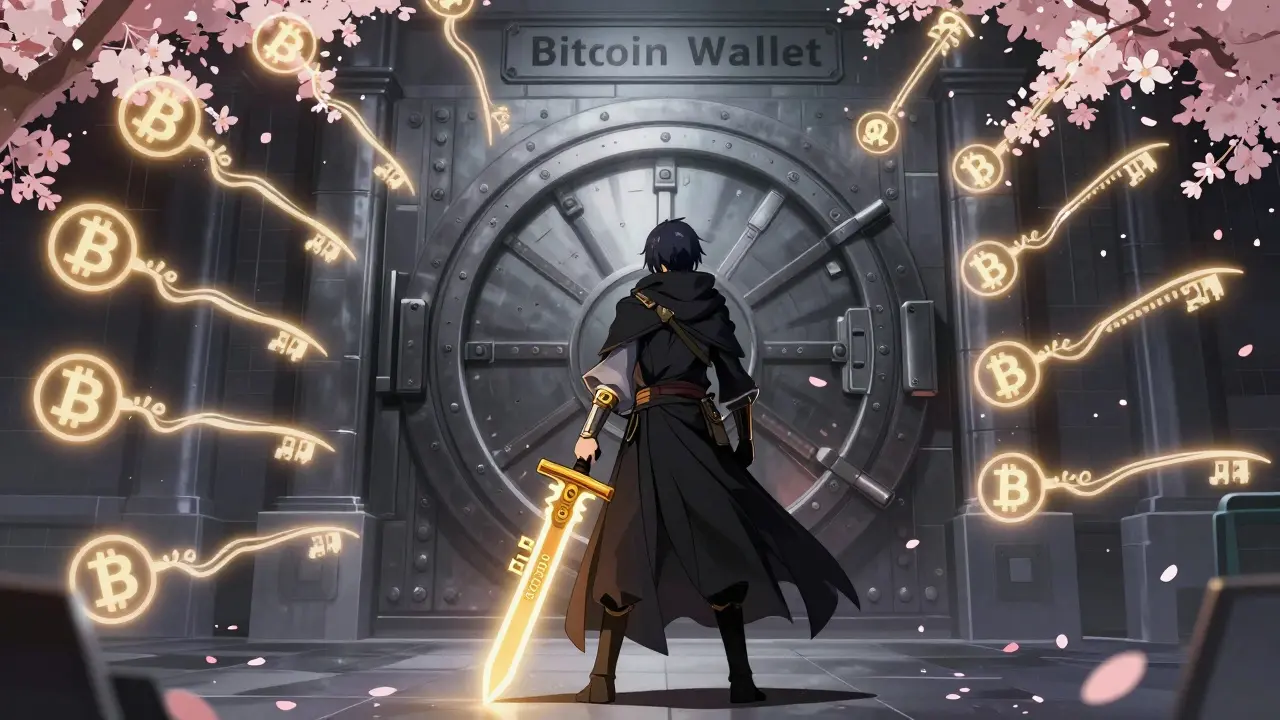 A warrior holds a private key sword before a locked vault, with golden digital signatures swirling like petals.