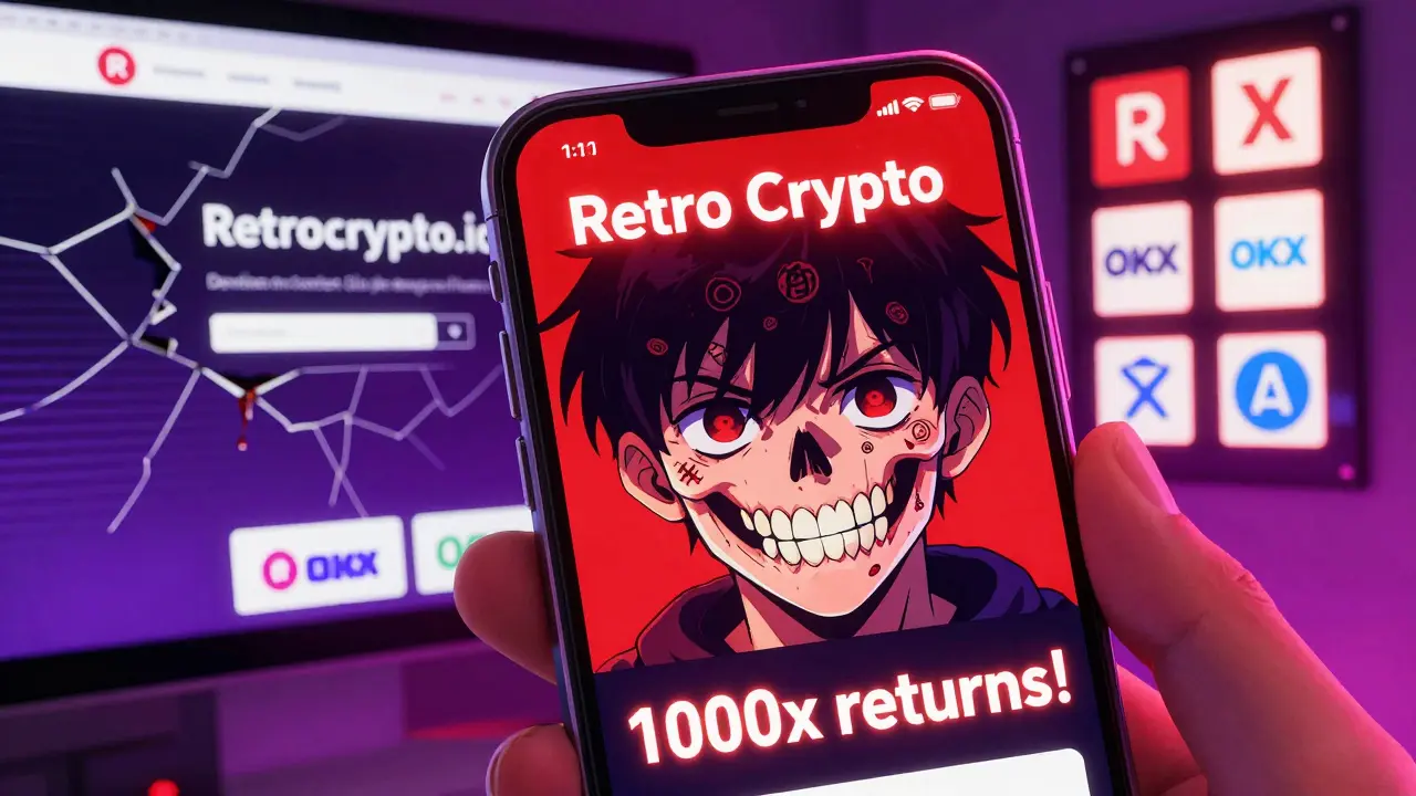 A young person&#039;s terrified face reflecting a scam crypto ad that transforms into a skull made of cryptocurrency symbols.