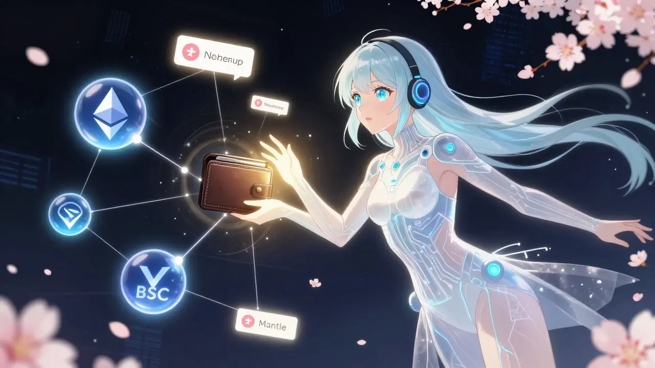 AI assistant AURA guiding a wallet through blockchain networks with floating airdrop notifications.