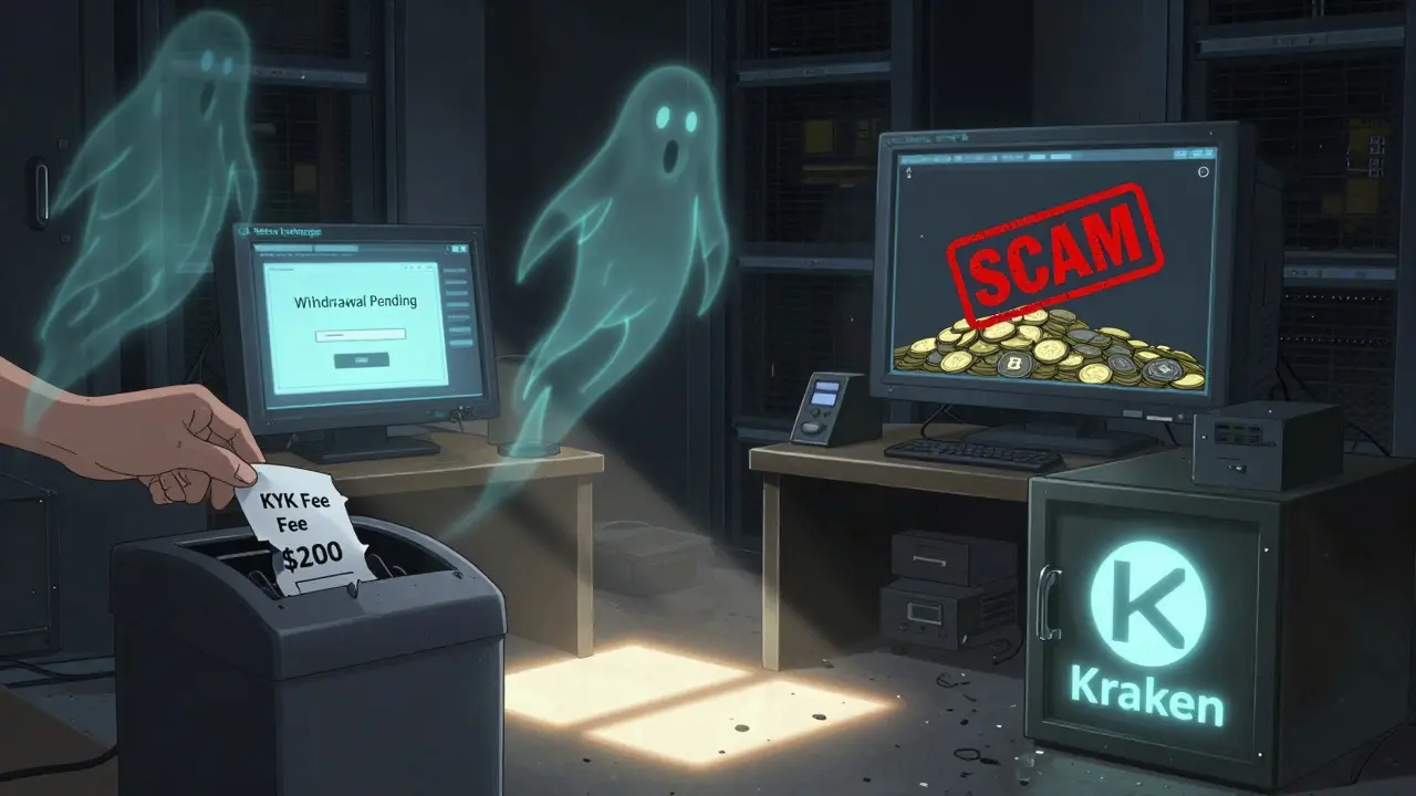 An abandoned server room with ghostly digital specters above broken monitors, one showing a &#039;SCAM&#039; stamp over vanished crypto coins.