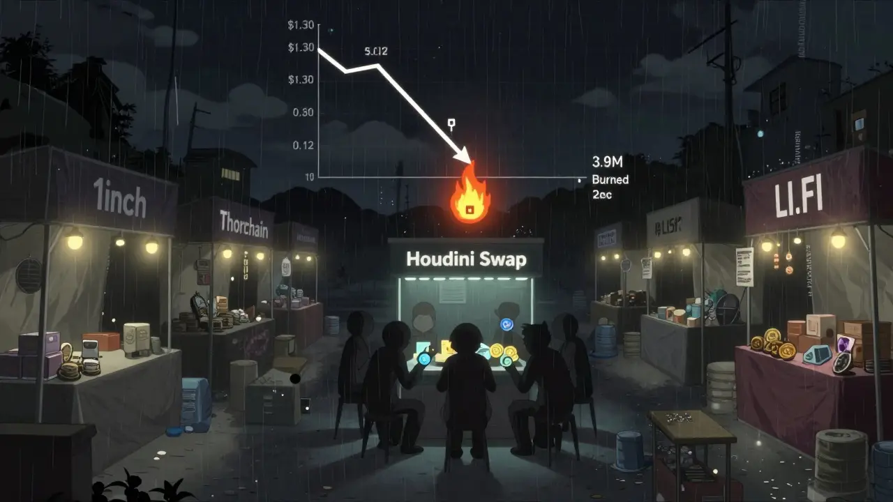 An empty crypto marketplace with only one dimly lit Houdini Swap booth, five users nearby, and a falling price chart in the background.