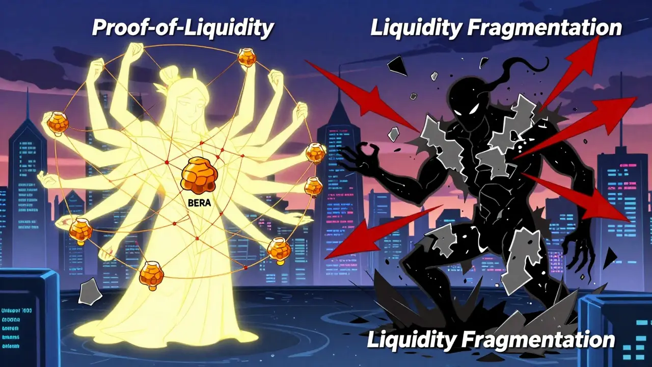 Anime battle between a radiant Proof-of-Liquidity guardian and a crumbling Liquidity Fragmentation monster.