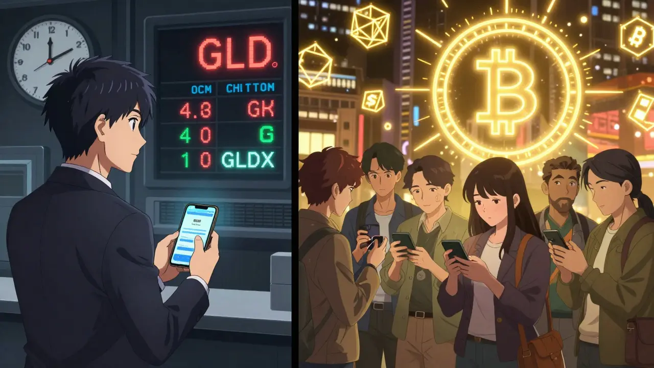 Contrasting scene: traditional stock trader at closing time vs. people trading GLDX on phones under a 24/7 neon sky.