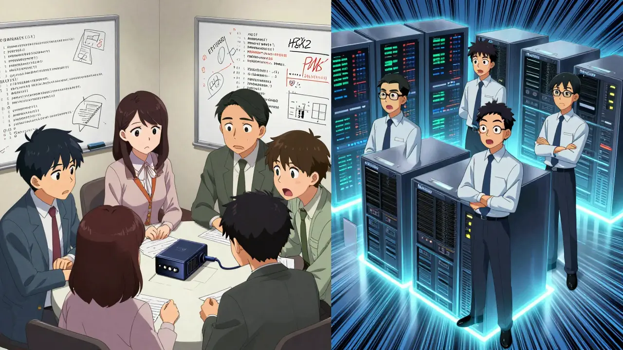 Contrasting scenes: a confused startup team with a small HSM vs. a professional team with enterprise HSMs in a data center.