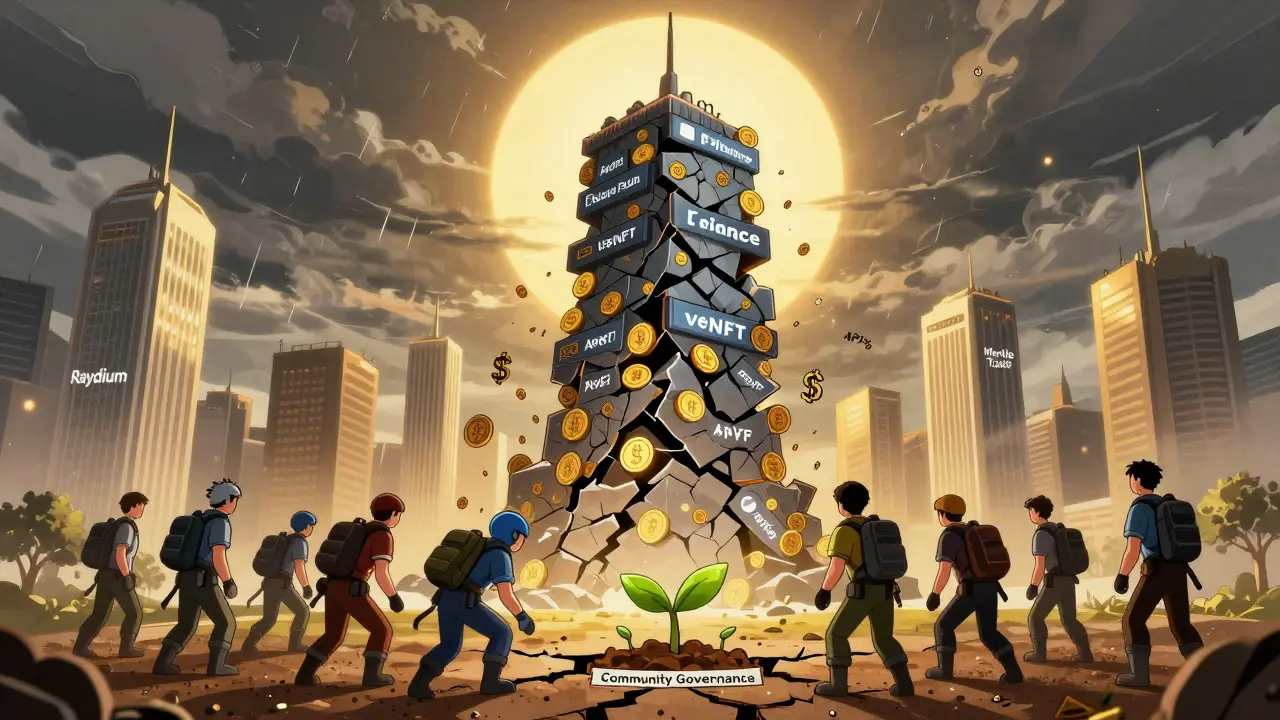 Crumbling Cellana Finance tower with users planting a seed of community governance amid financial collapse.