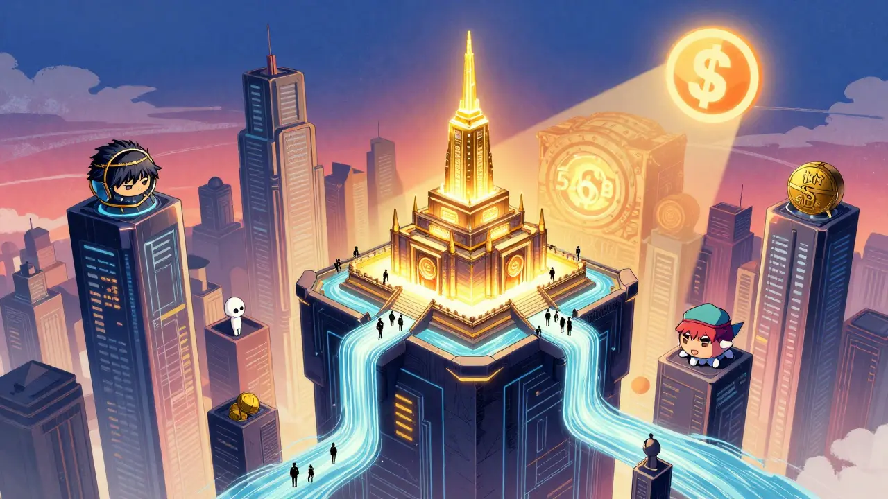 Cyber-city representing the Mantle ecosystem with Agni Finance as its central temple