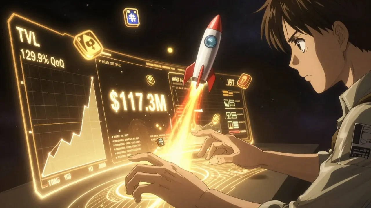 Developer launching a new token with growing TVL charts and floating crypto tokens