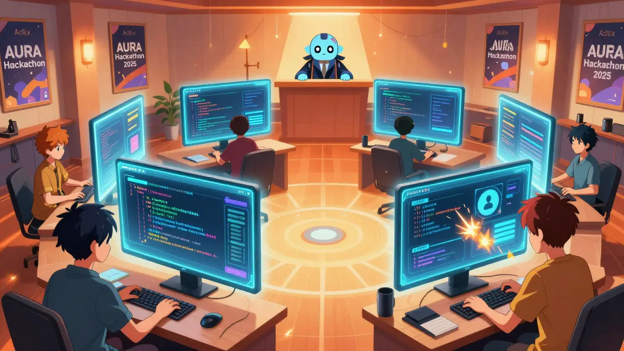 Developers racing in a digital hackathon with glowing code interfaces and AURA watching above.
