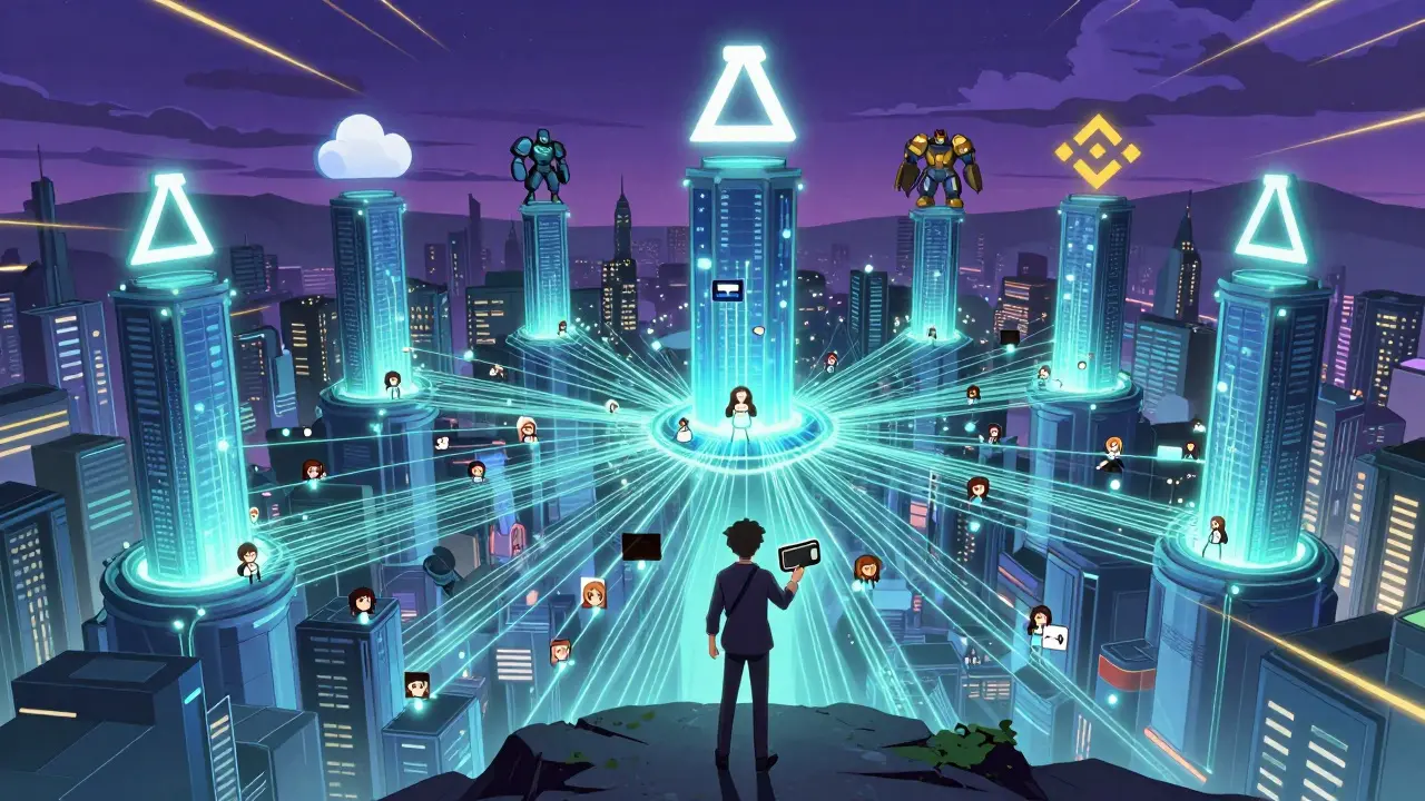 Futuristic city with decentralized video network powered by users, guarded by corporate logos, and an investor holding a hardware wallet.
