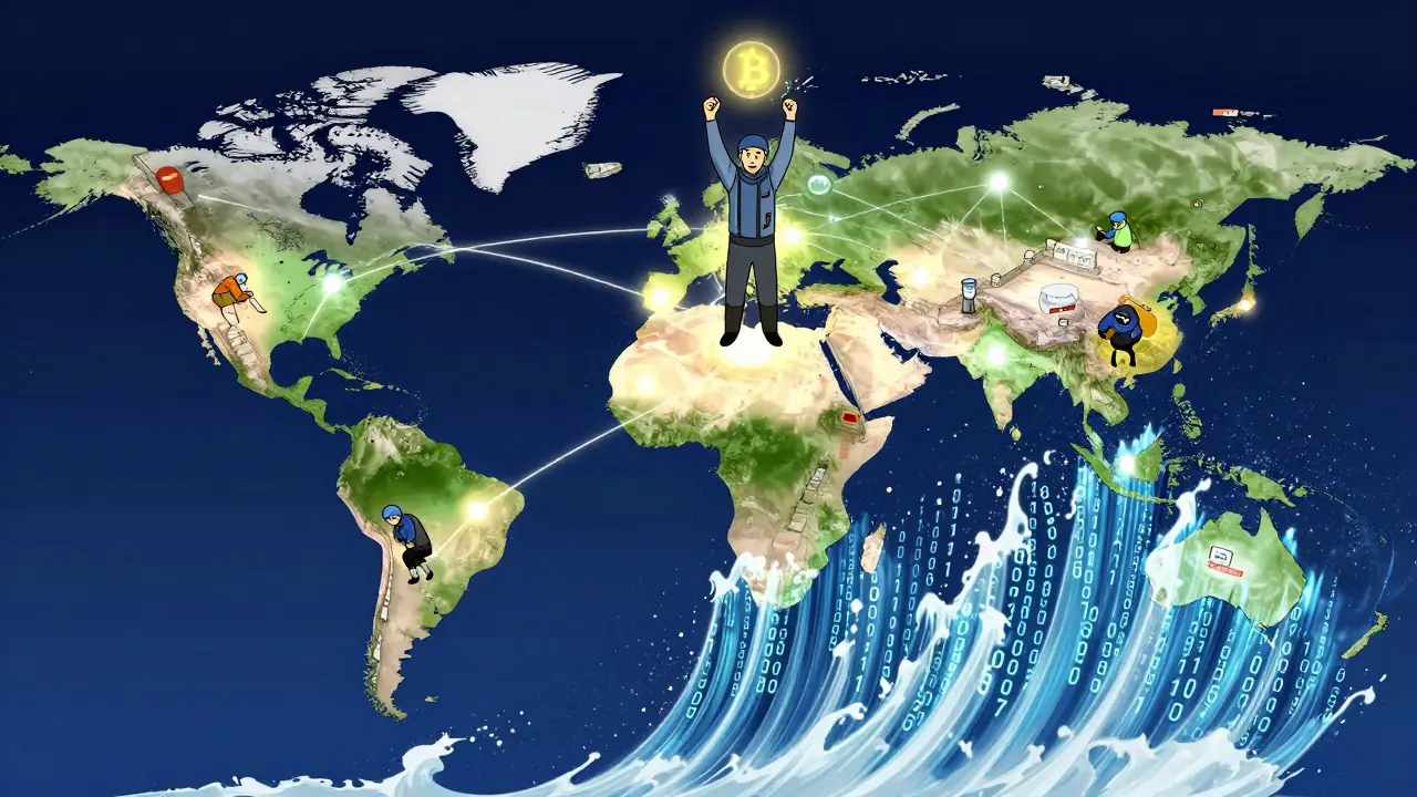Global mining nodes connected by energy lines, one miner celebrating as a winning block shines.