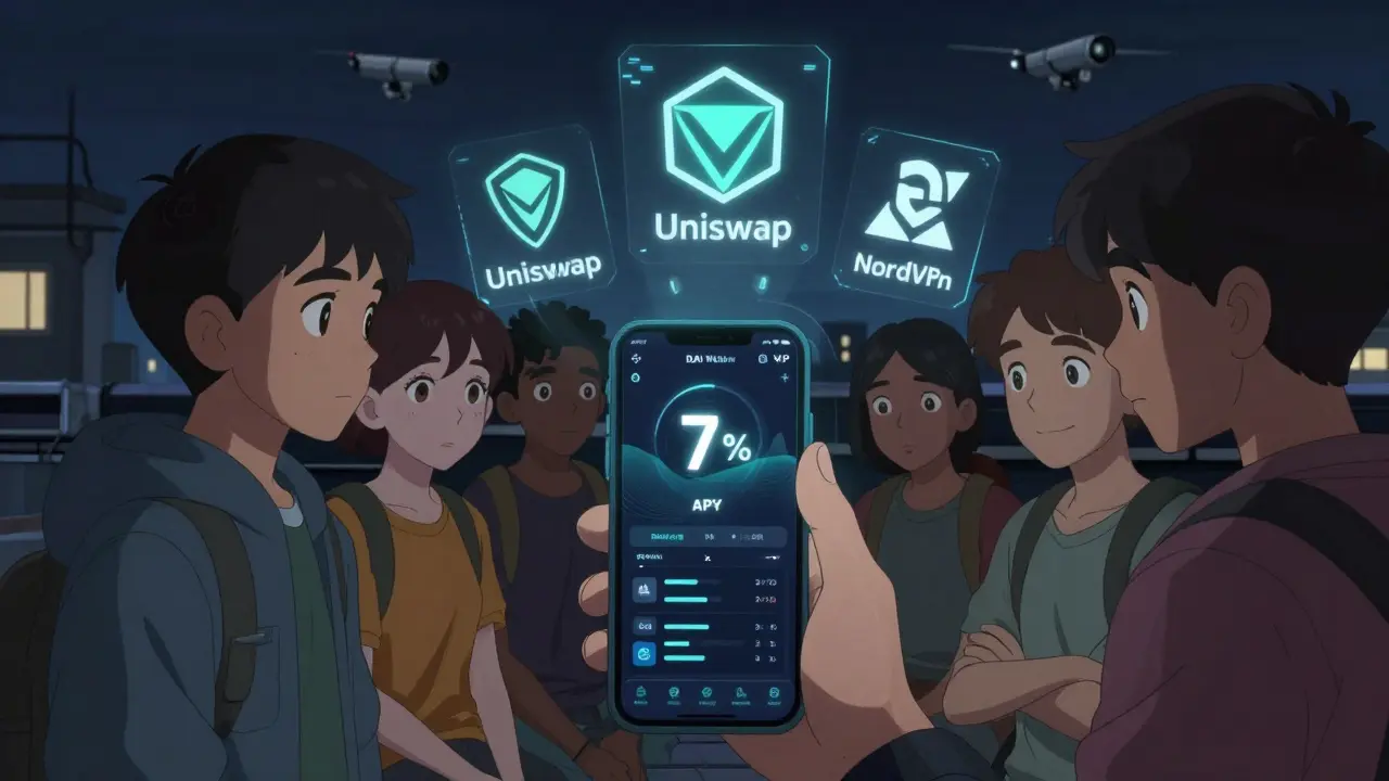 Group of youth on a rooftop, sharing a phone showing DAI yield, holographic crypto icons glowing around them at night.