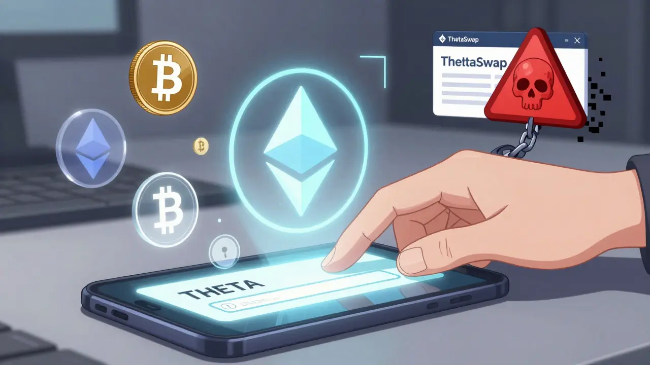 Hand entering THETA wallet address with crypto tokens transforming in mid-air and a warning symbol nearby.