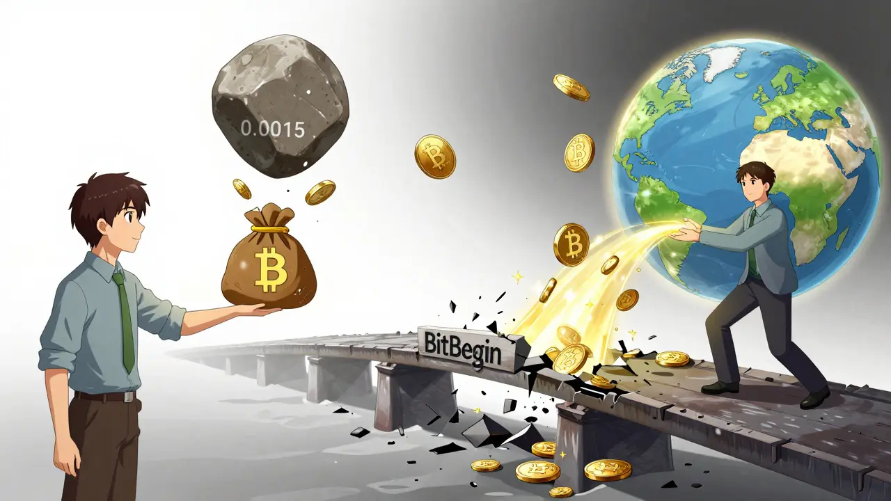 High withdrawal fee as heavy stone vs. free global withdrawals, crumbling bridge labeled BitBegin.