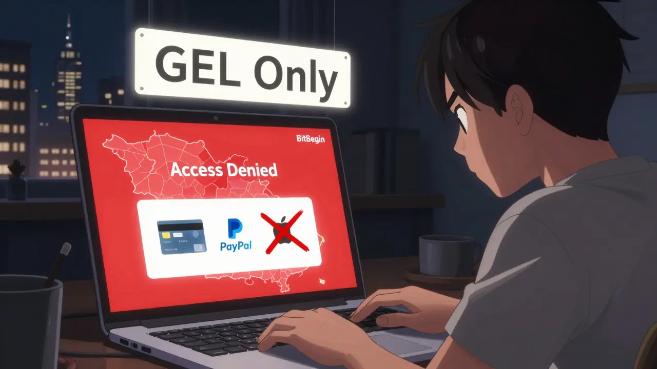 International user blocked from BitBegin with red 'Access Denied' screen and crossed-out payment icons.