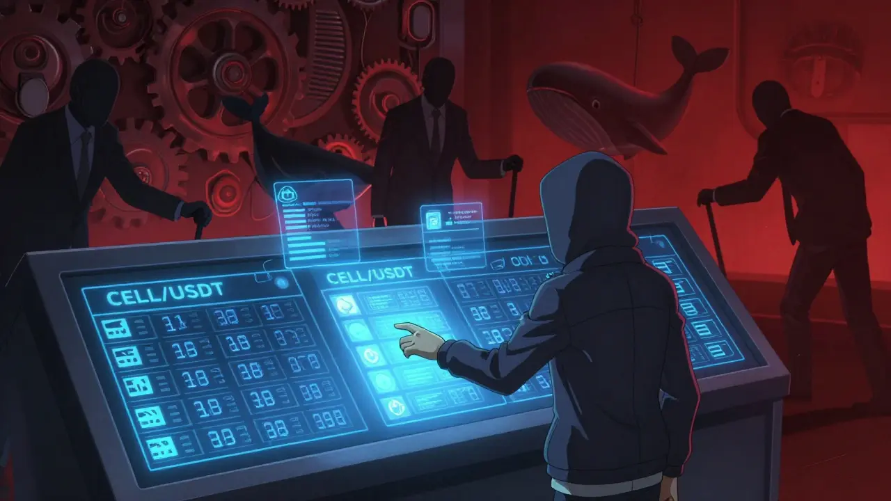 Investor casting a vote while shadowy whales manipulate emissions in a cyberpunk DEX control room.