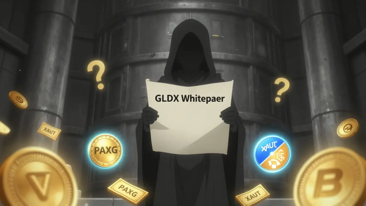 Shadowy figure holds blank GLDX paper while verified gold tokens PAXG and XAUT glow brightly with official seals.