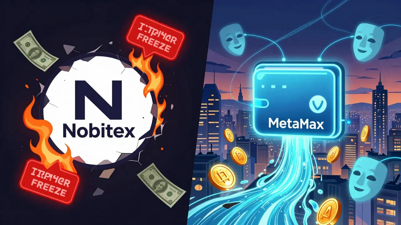 Split scene: burning centralized exchange vs. glowing DAI flowing through a city, symbolizing shift to decentralized finance.