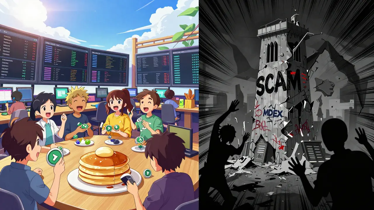 Split scene: lively PancakeSwap and Uniswap vs. crumbling, scam-covered MDEX tower