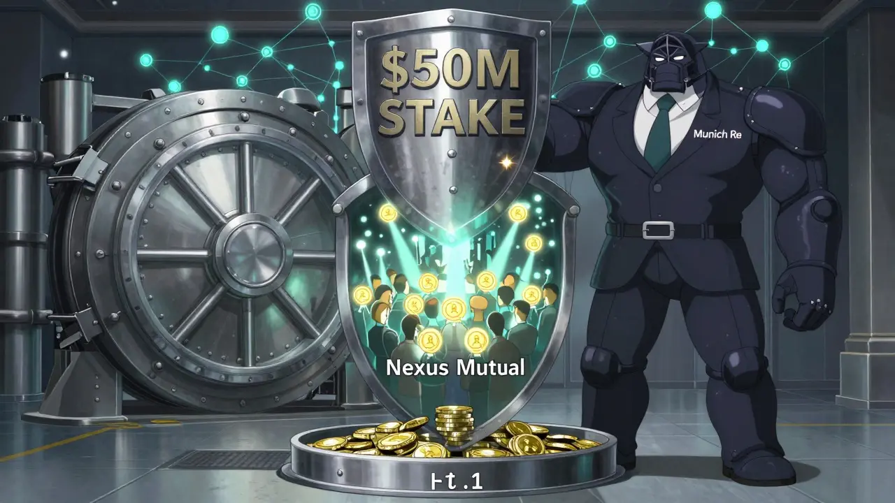 Three layered insurance systems protecting a crypto vault, illustrated in cel-shaded anime style.