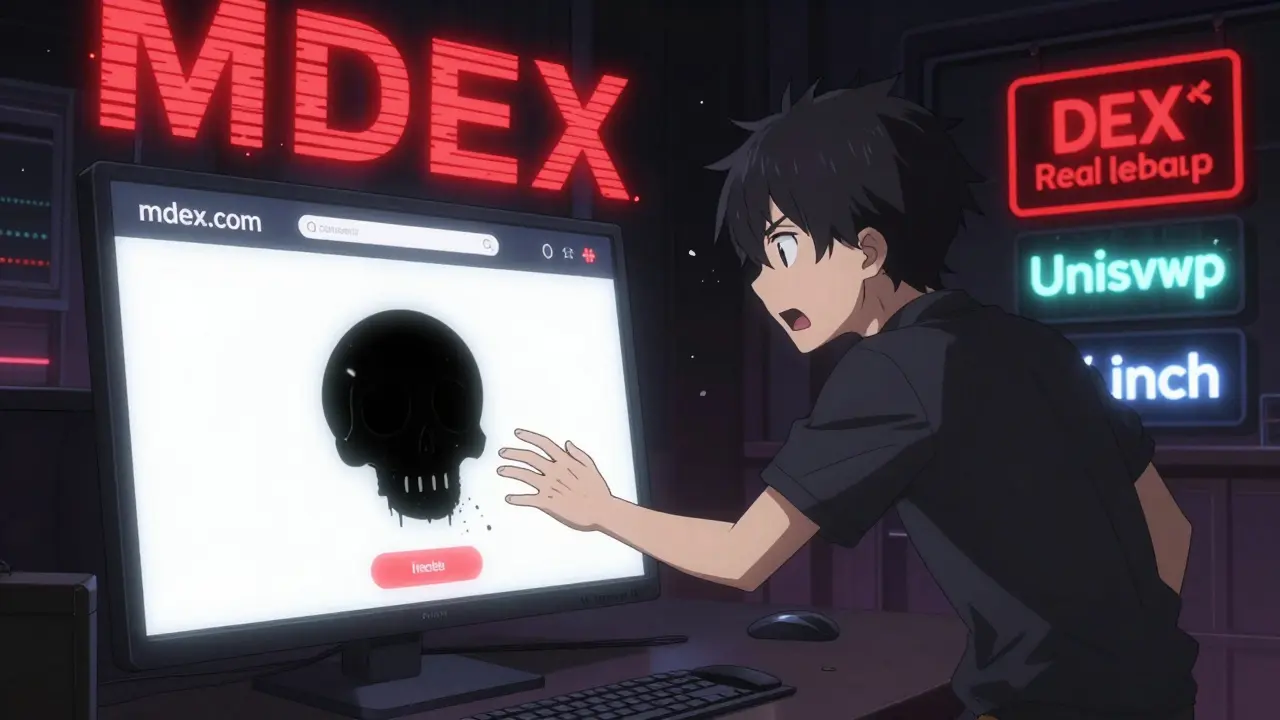 Trader reaching for fake MDEX site as wallet drains into skull-shaped black hole
