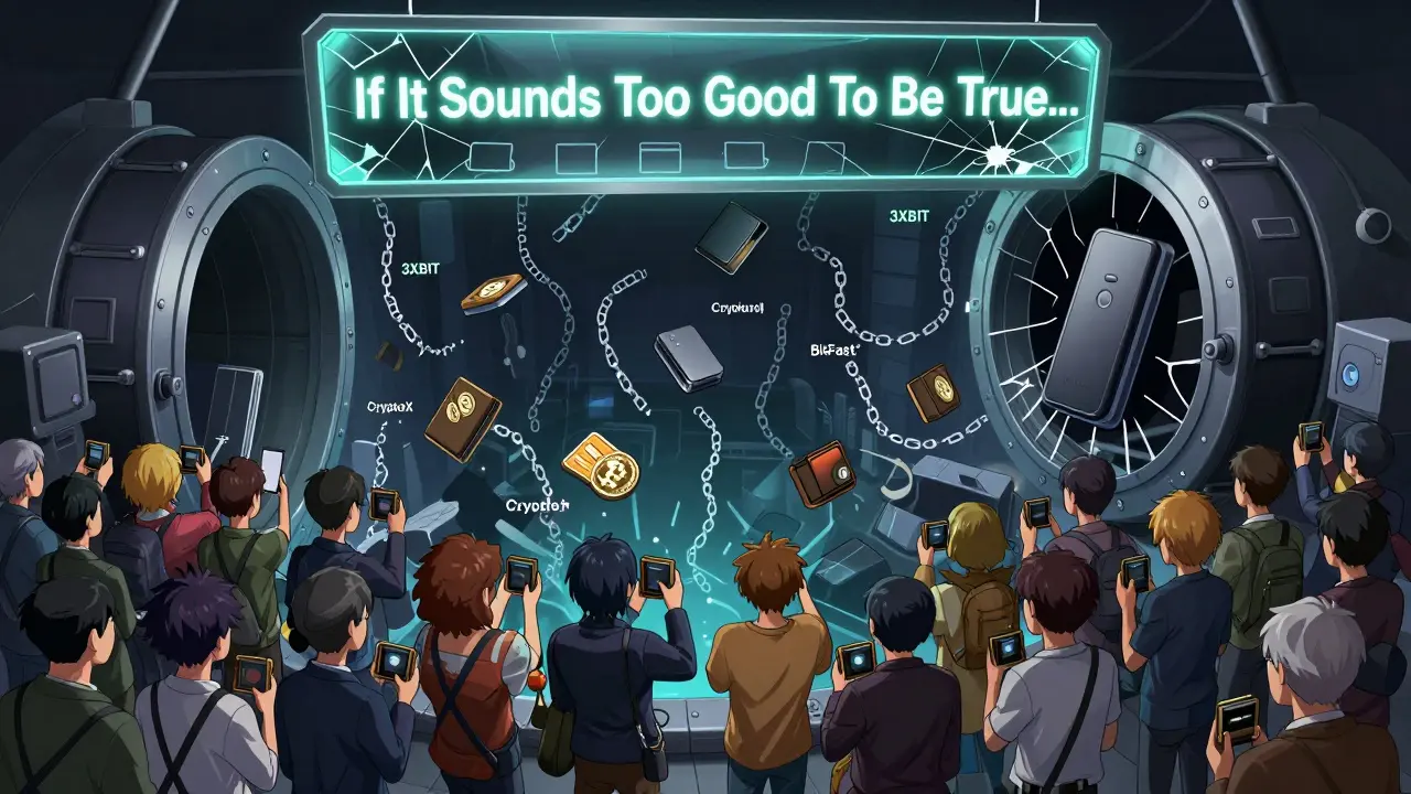 Traders fall into a digital abyss lined with scam websites as a warning sign looms above.