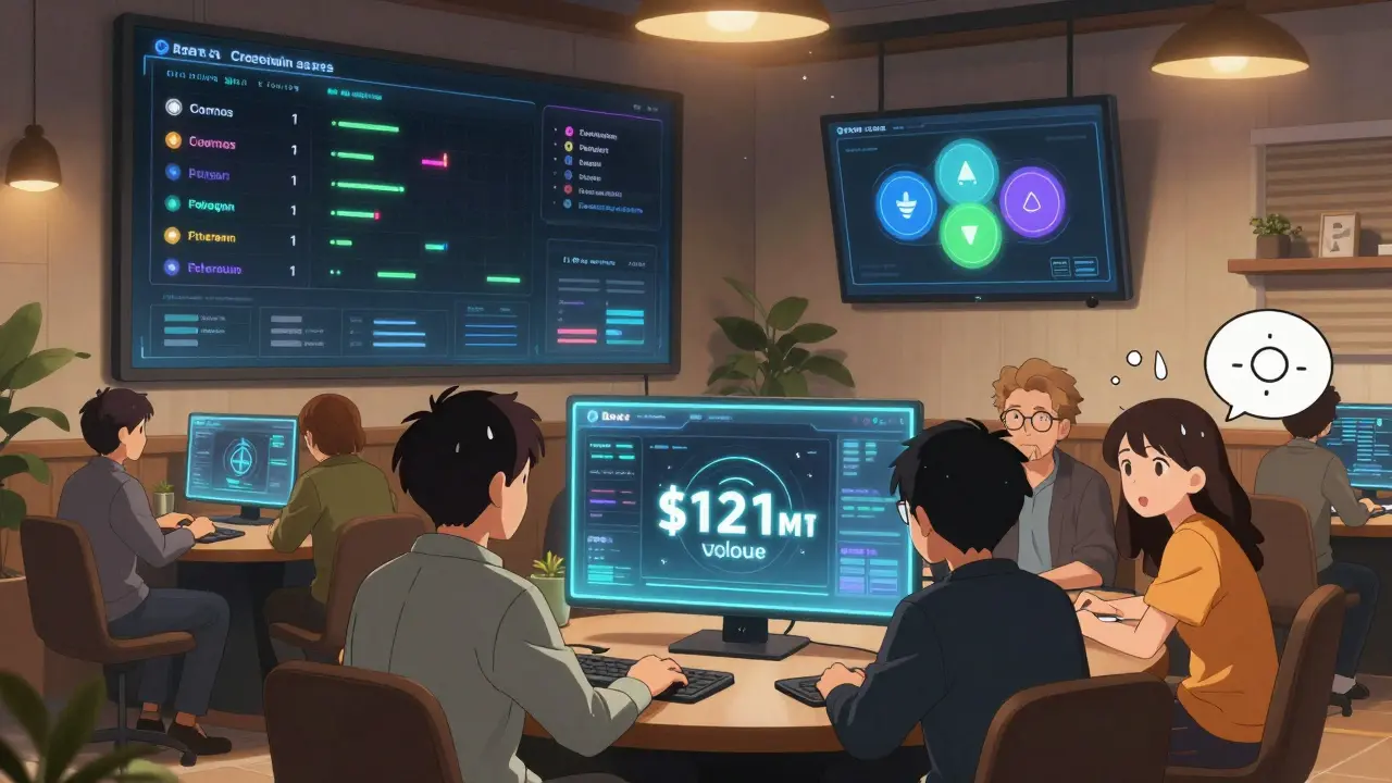 Traders in a high-tech lounge watching a holographic Bex dashboard with cross-chain asset flows.
