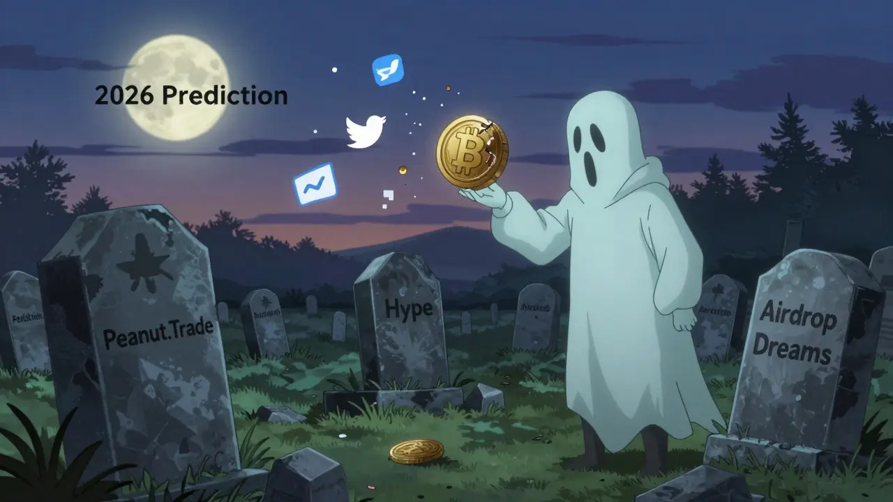 A crypto graveyard with tombstones for failed projects, a ghost reaching for a fading NUX token under a dark sky.