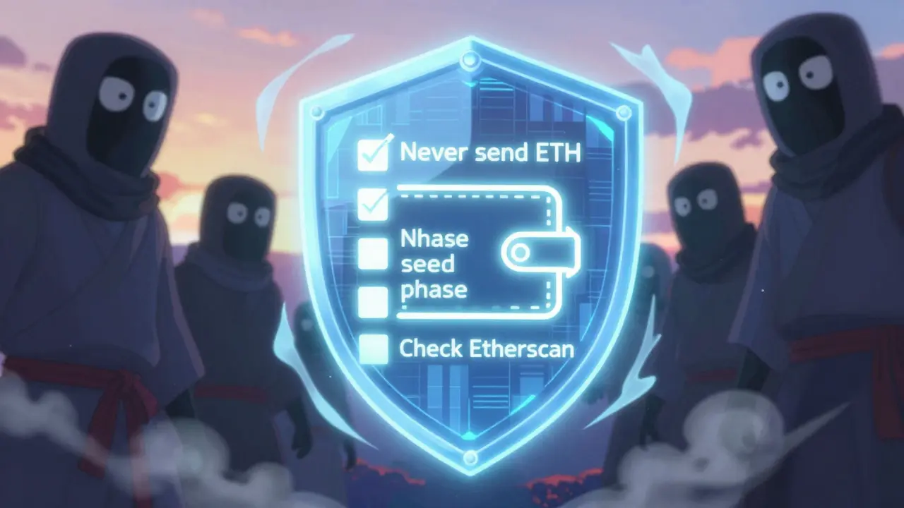 A digital shield protecting a wallet with safety rules glowing in kanji, while scam dog masks dissolve into smoke.