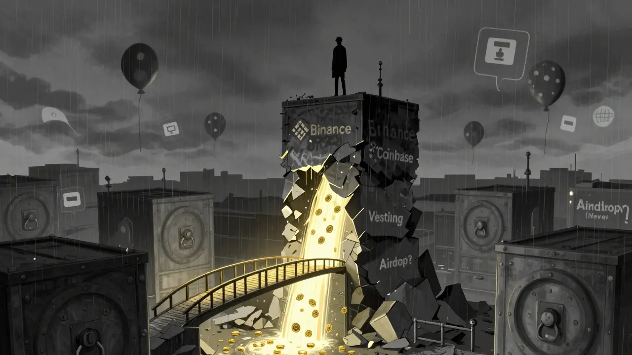 A figure overlooking abandoned exchanges as MCASH tokens flow upward from a small privacy bridge below.