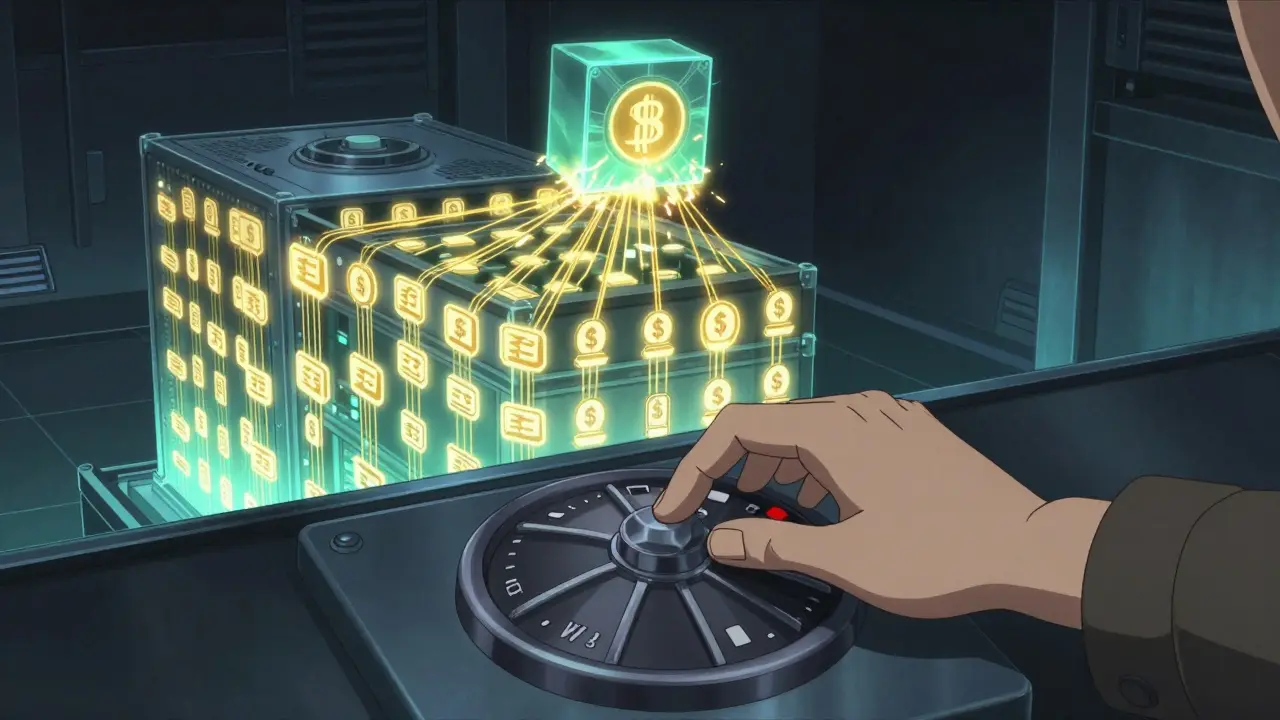A hand spins a giant nonce dial as a block header glows above, connected by golden threads to a pulsing vault of transaction symbols.