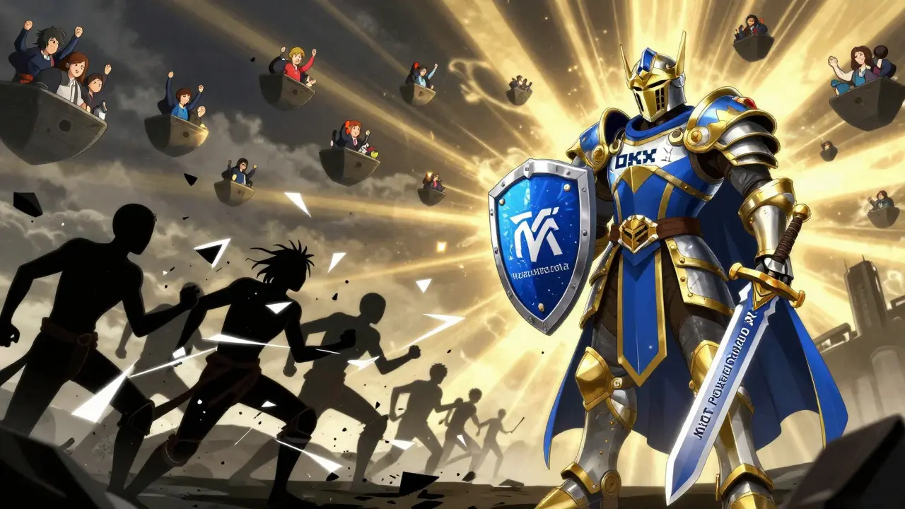 A knight in OKX armor standing firm against crumbling unregulated exchanges, shield showing proof-of-reserves under golden light.
