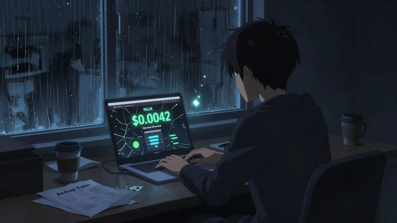 A lonely person staring at a low NUX token price on a laptop, surrounded by forgotten airdrop papers and rain.