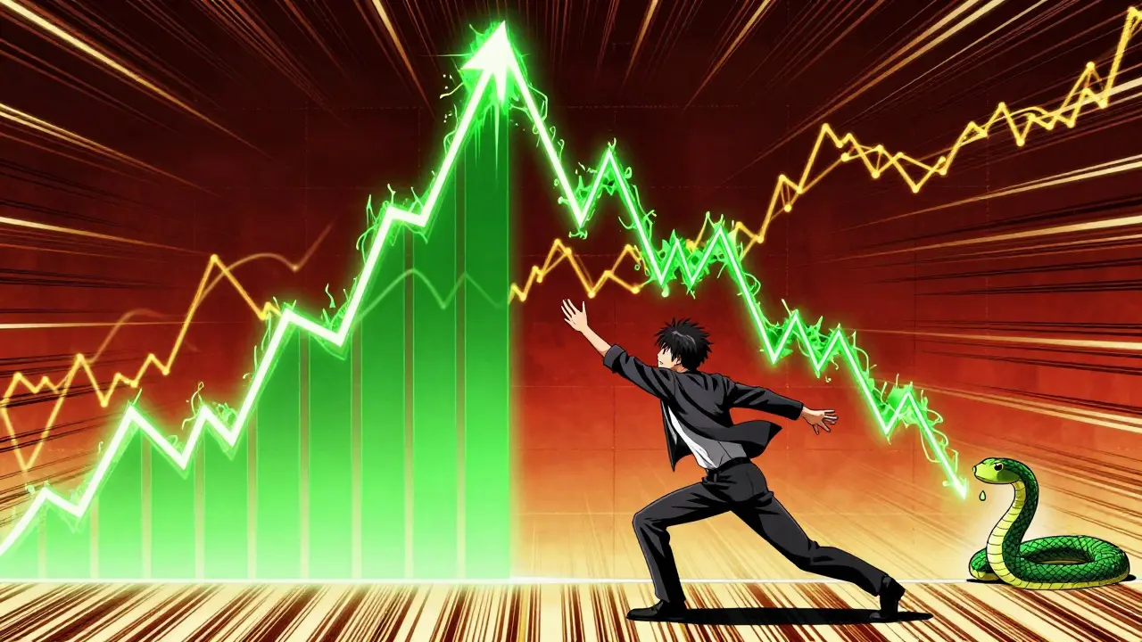 A MACD histogram transforms into a rising dragon and fading serpent, symbolizing bullish and bearish momentum.