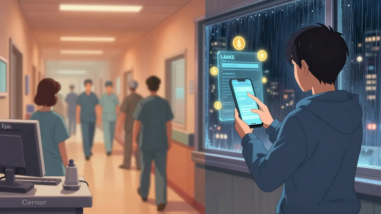A patient empowers themselves with blockchain consent while surrounded by outdated hospital systems.