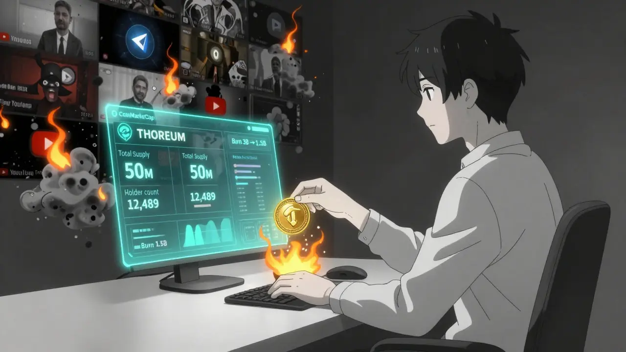 A person verifying THOREUM data on CoinMarketCap while misinformation burns away behind them.