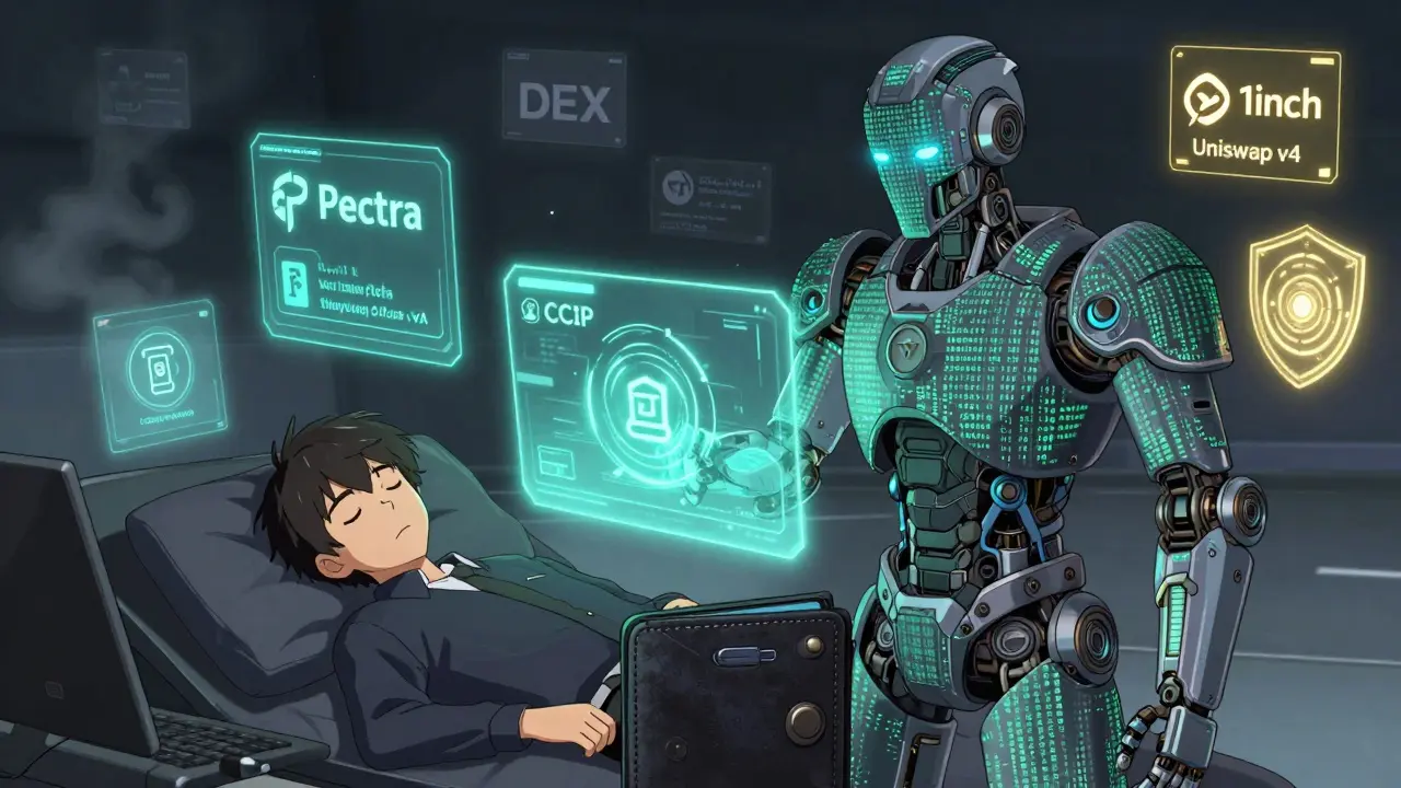 A sentient wallet robot guards a sleeping trader as blockchain security upgrades activate in the background, while unsafe DEXs fade away.